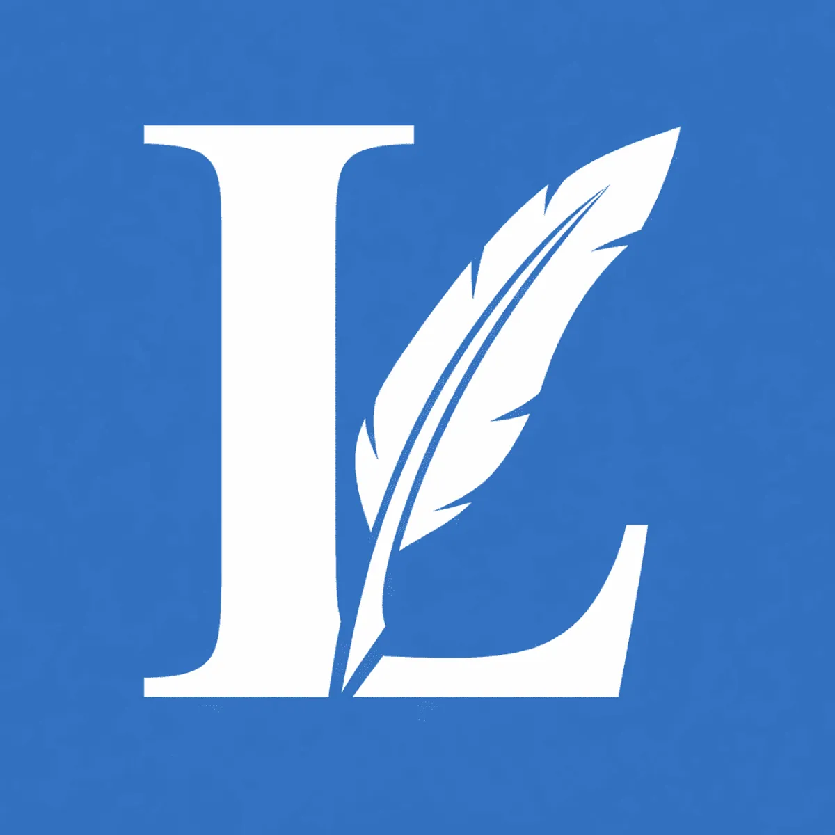 Lisoniy logosi — oq L harfi va patli qalam, ko'k fon ustida